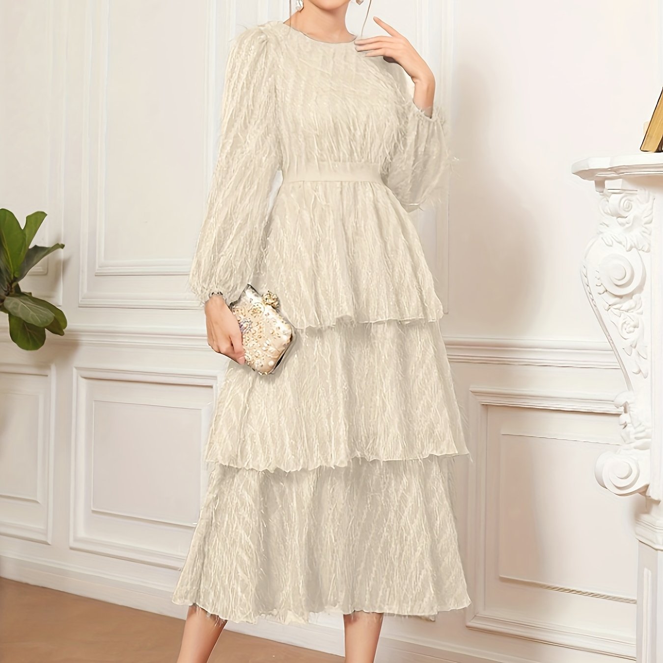 Raw Trim Waist Layer Ruffle Dress, Elegant Puff Long Sleeve Crew Neck Dress, Women's Clothing Wedding graduation engagement occasion ceremony party holiday vacation birthday