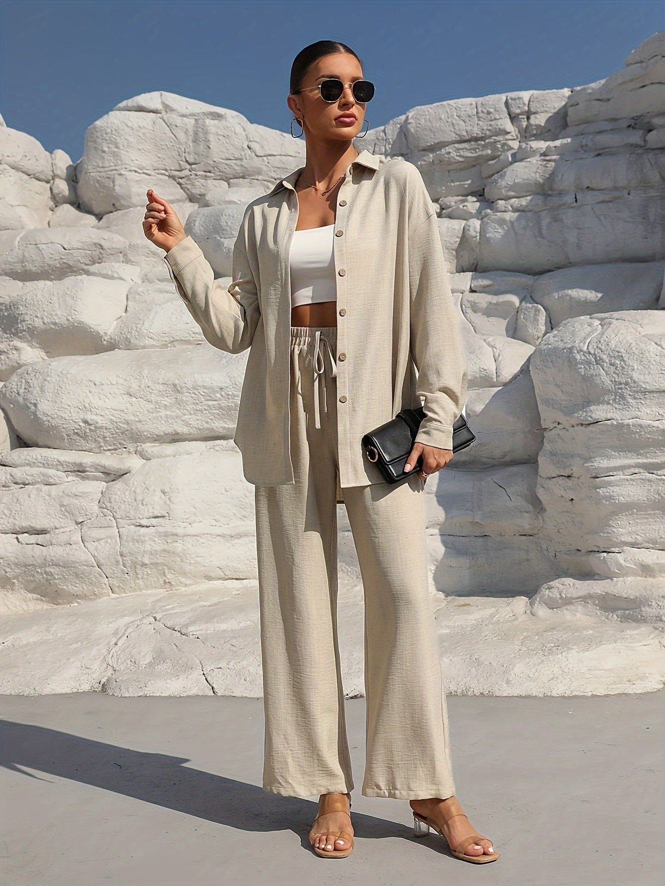 Solid Color Casual Pantsuits, Single-breasted Long Sleeve Collared Blouse & Tie Elastic Waist Pants Outfits, Women's Clothing