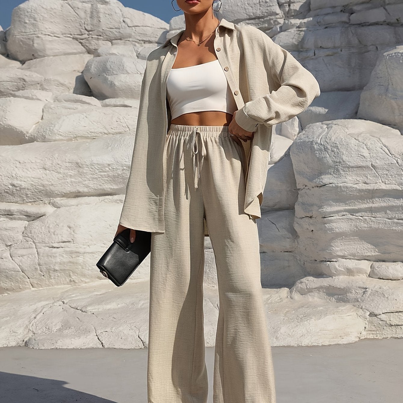 Solid Color Pantsuits Set, Button Front Long Sleeve Shirt & Wide Leg Drawstring Waist Pants Outfits, Women's Clothing