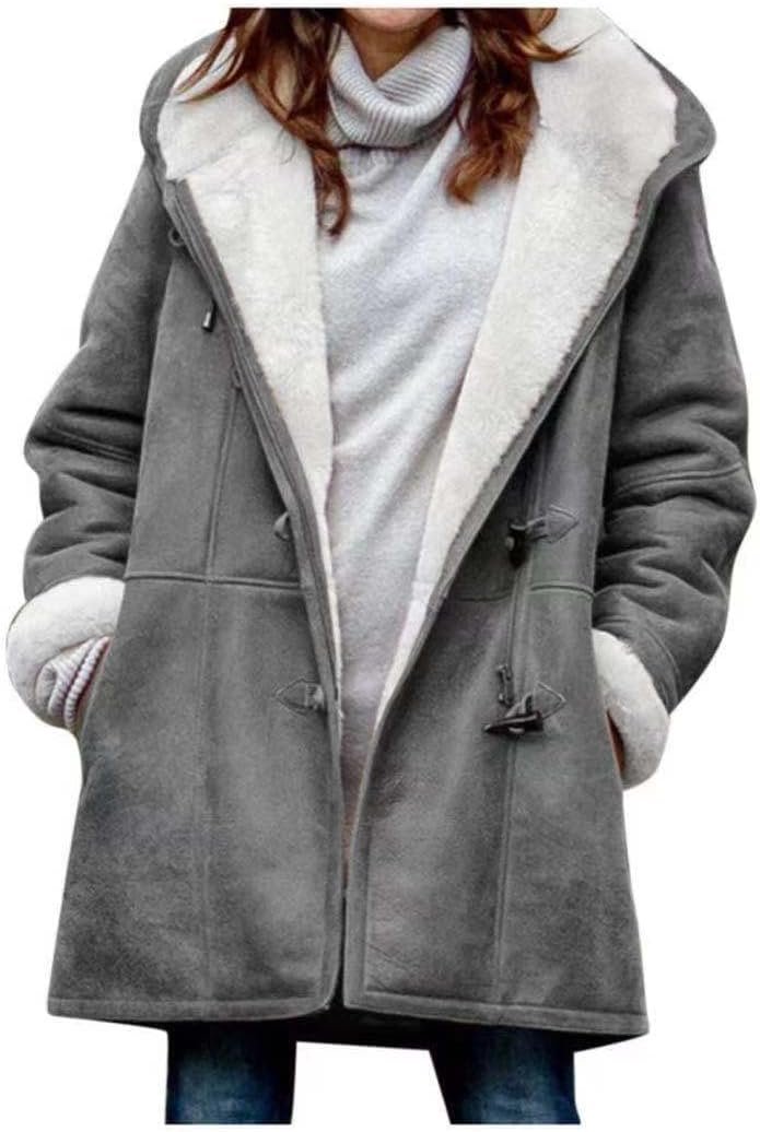 61PeQ6EdgmL._AC_SL1080 Windproof Sherpa Lined Outerwear for Women Winter, Fashion Fleece Hooded Overcoat with Pockets, Warm and Thicken Parka Jacket
