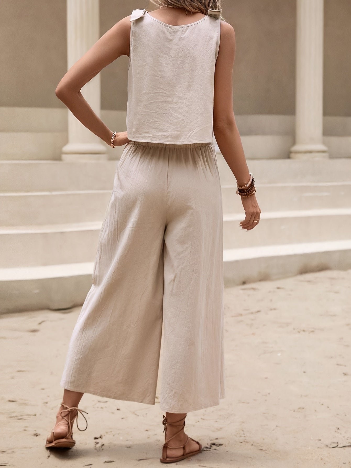 Elegant Solid Color Pantsuits Set, Crew Neck Sleeveless Tank Top & Wide Leg Pants Outfits, Women's Clothing