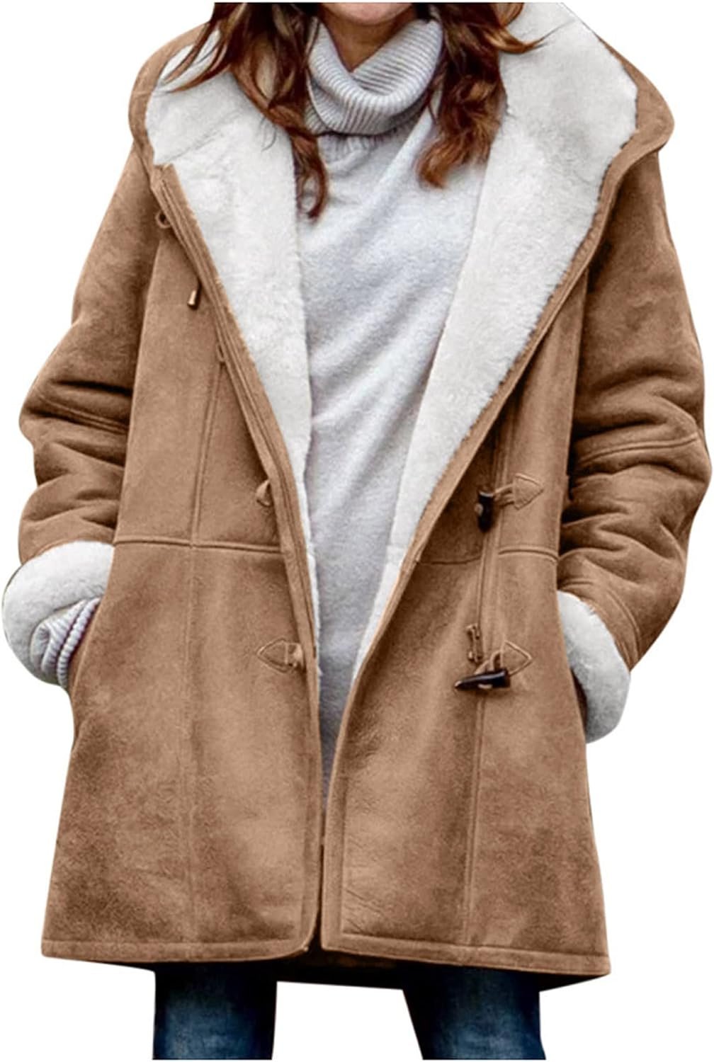 71j58ohEScL._AC_SL1500 Windproof Sherpa Lined Outerwear for Women Winter, Fashion Fleece Hooded Overcoat with Pockets, Warm and Thicken Parka Jacket