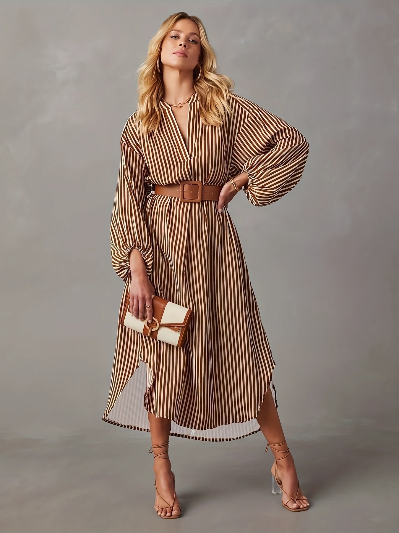 Striped Print Lantern Sleeve Dress, Stylish Notch Neck Dress For Spring & Fall, Women's Clothing