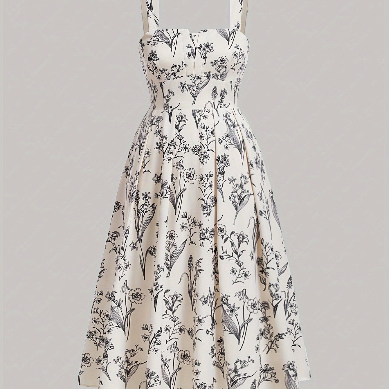 Plus Size Floral Print Cinched Waist Tank Dress, Boho Shirred Back Sleeveless Square Neck Swing Dress For Spring & Summer, Women's Plus Size Clothing