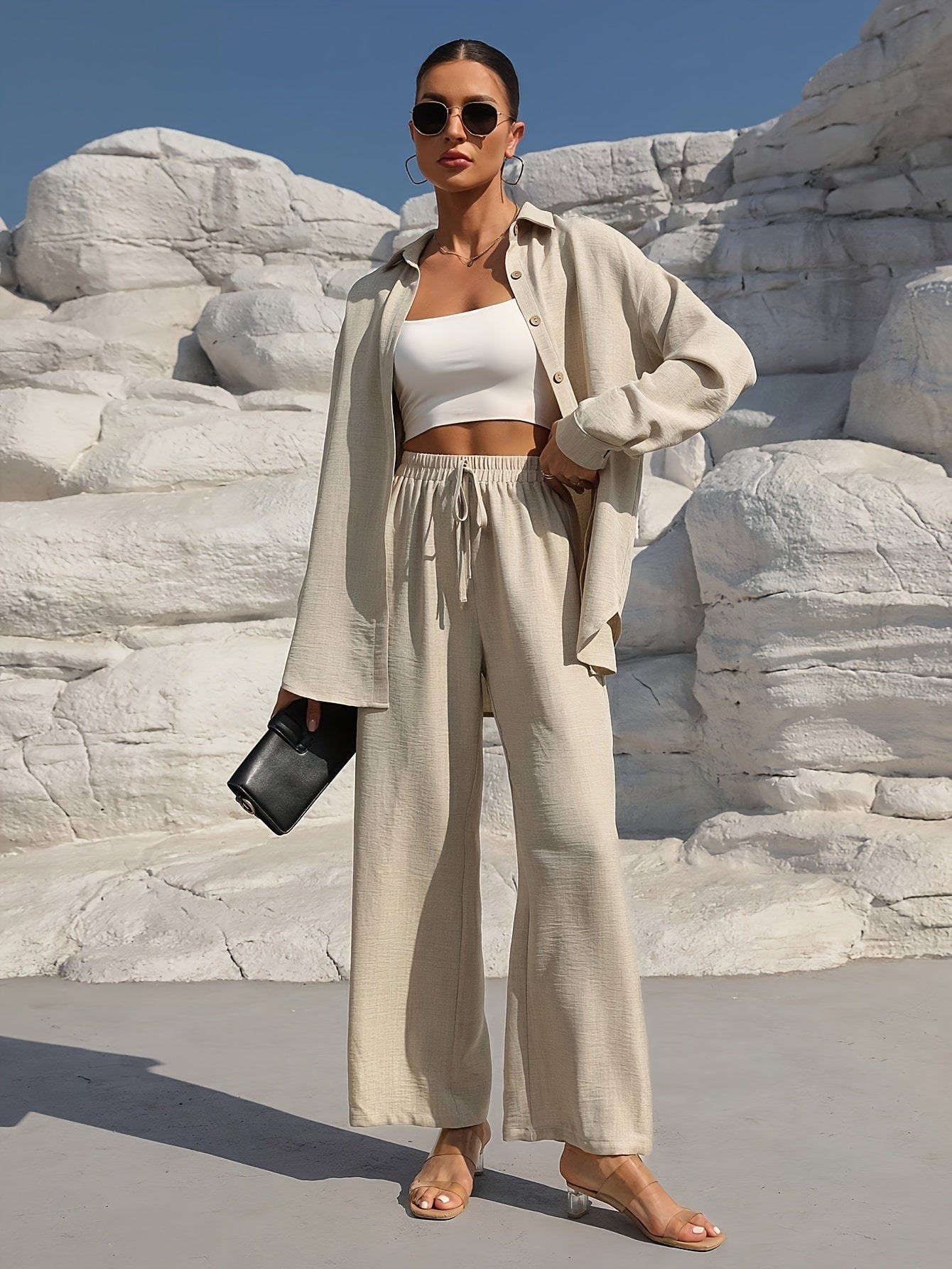 99e601eb-eb07-47b9-8e99-01c86f3ceec3-2 Solid Color Pantsuits Set, Button Front Long Sleeve Shirt & Wide Leg Drawstring Waist Pants Outfits, Women's Clothing