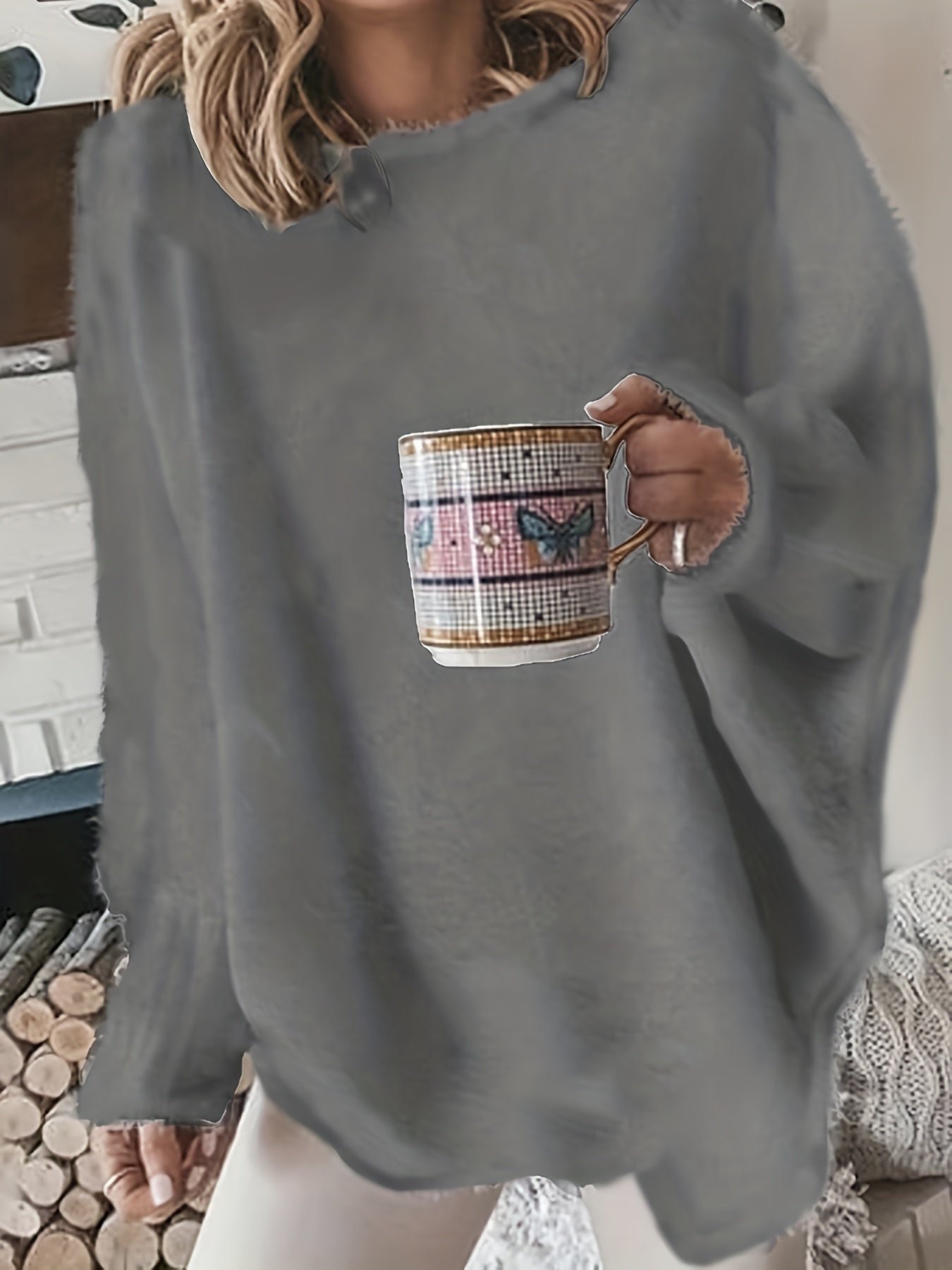 b05386401bb341bd85a23983c40dc2f2-1 Plus Size Casual Sweater, Women's Plus Solid Fluffy Round Neck Long Sleeve Sweater