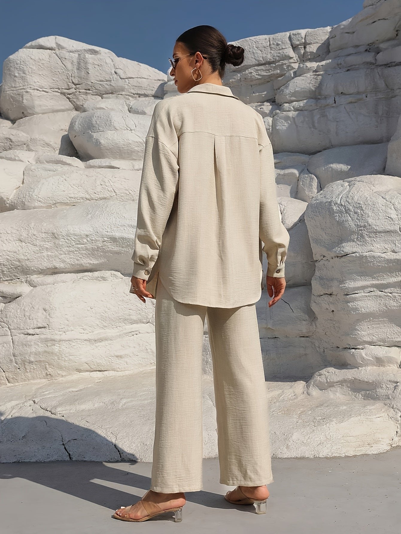 Solid Color Pantsuits Set, Button Front Long Sleeve Shirt & Wide Leg Drawstring Waist Pants Outfits, Women's Clothing