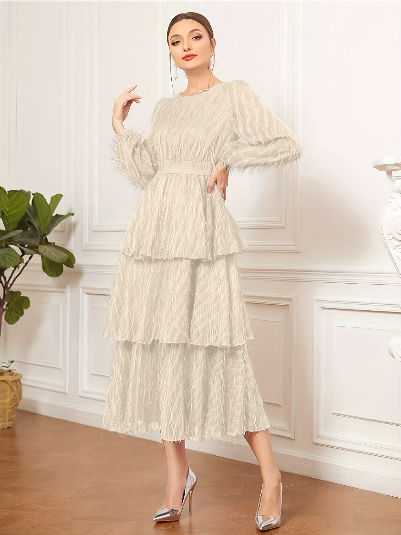 Raw Trim Waist Layer Ruffle Dress, Elegant Puff Long Sleeve Crew Neck Dress, Women's Clothing Wedding graduation engagement occasion ceremony party holiday vacation birthday