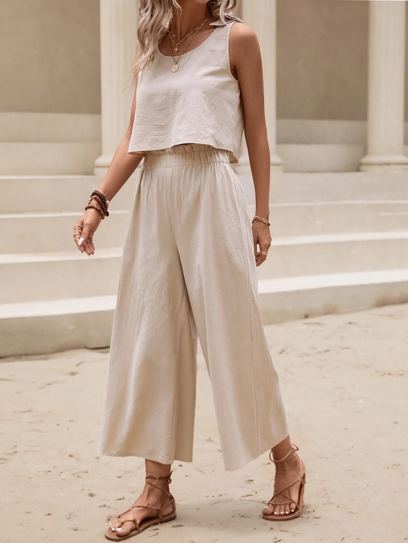 Elegant Solid Color Pantsuits Set, Crew Neck Sleeveless Tank Top & Wide Leg Pants Outfits, Women's Clothing