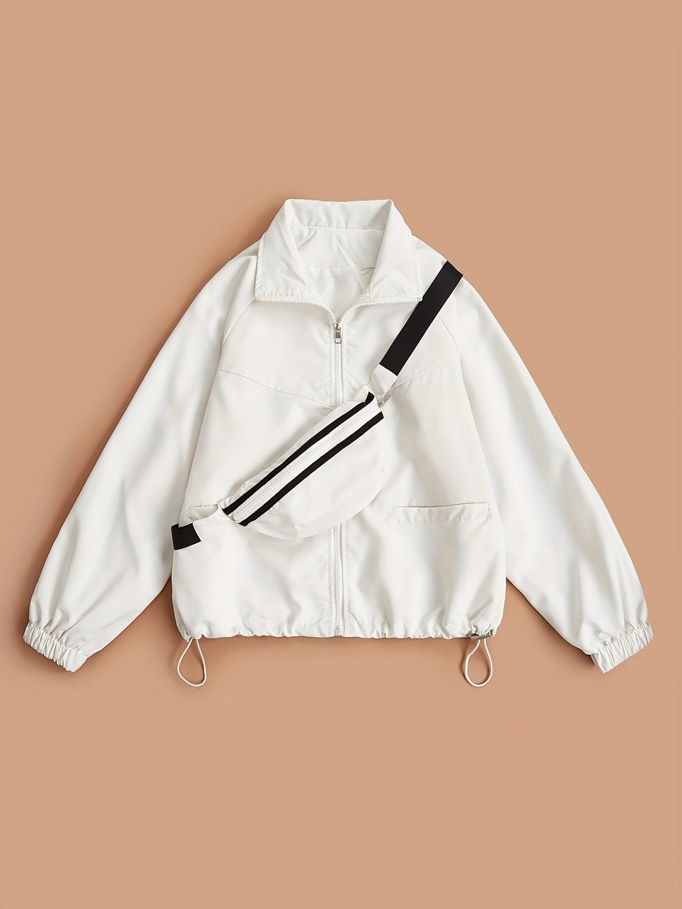 3ca8d9c0a3cf3c635467a2581807eaaf-1 Solid Zip Up Jacket, Casual Long Sleeve Windproof Daily Outerwear With Bag, Women's Clothing