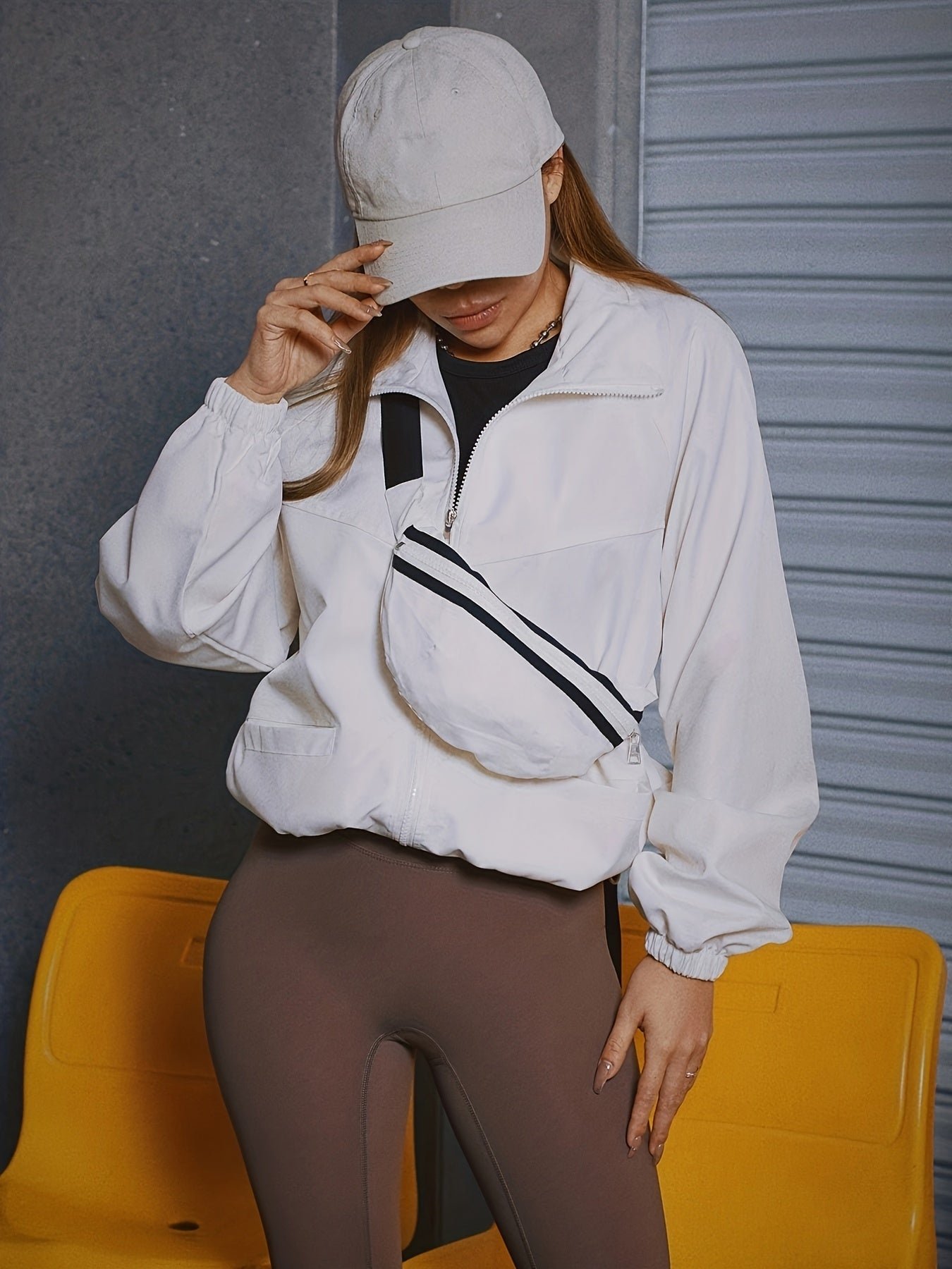 4ff39f042d816c44bb07fc7a9e41d90d-1 Solid Zip Up Jacket, Casual Long Sleeve Windproof Daily Outerwear With Bag, Women's Clothing