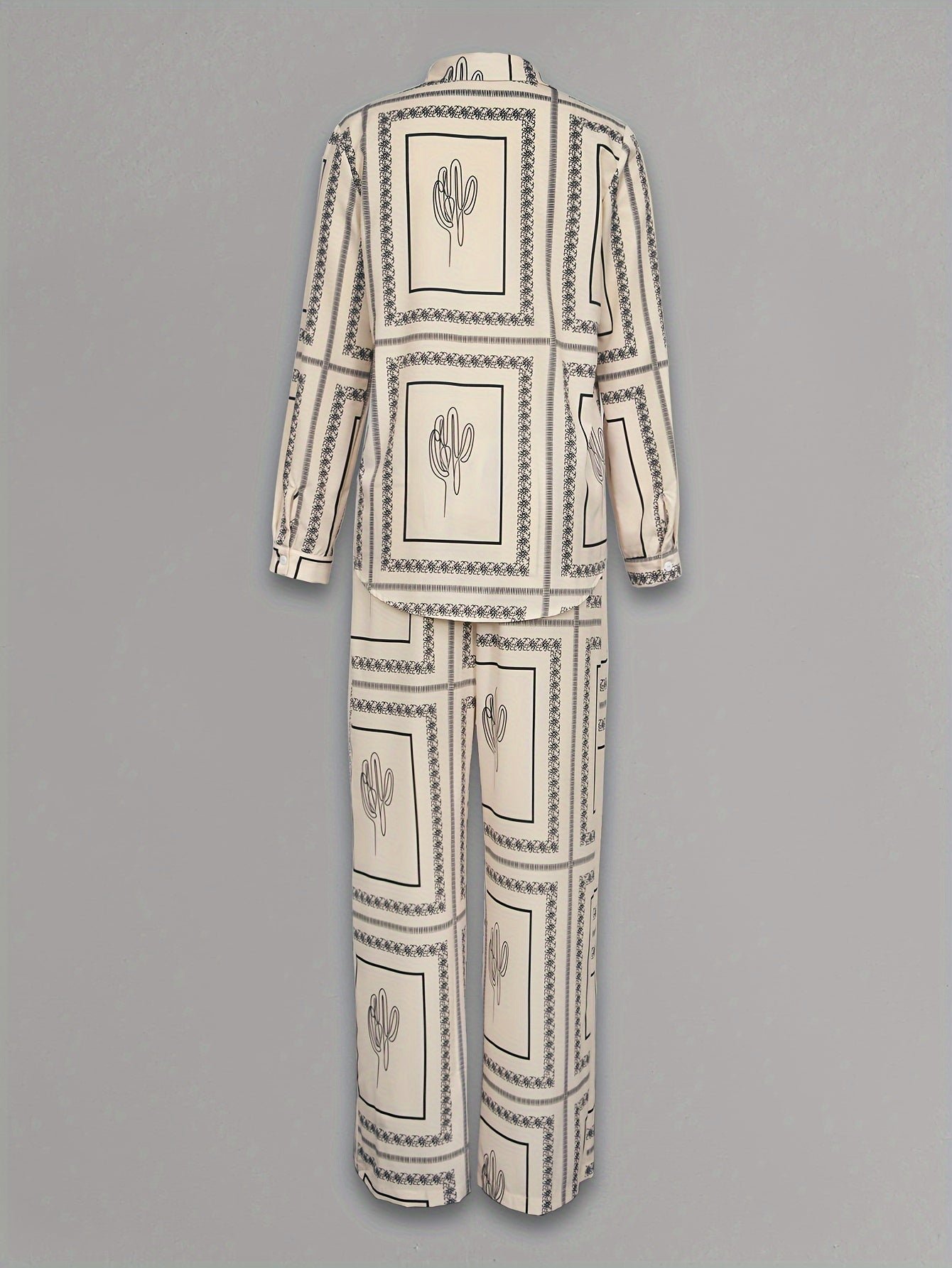 Elegant Abstract Print Pants Set, Long Sleeve Button Front Shirt & Straight Leg Loose Pants Summer Outfits, Women's Clothing