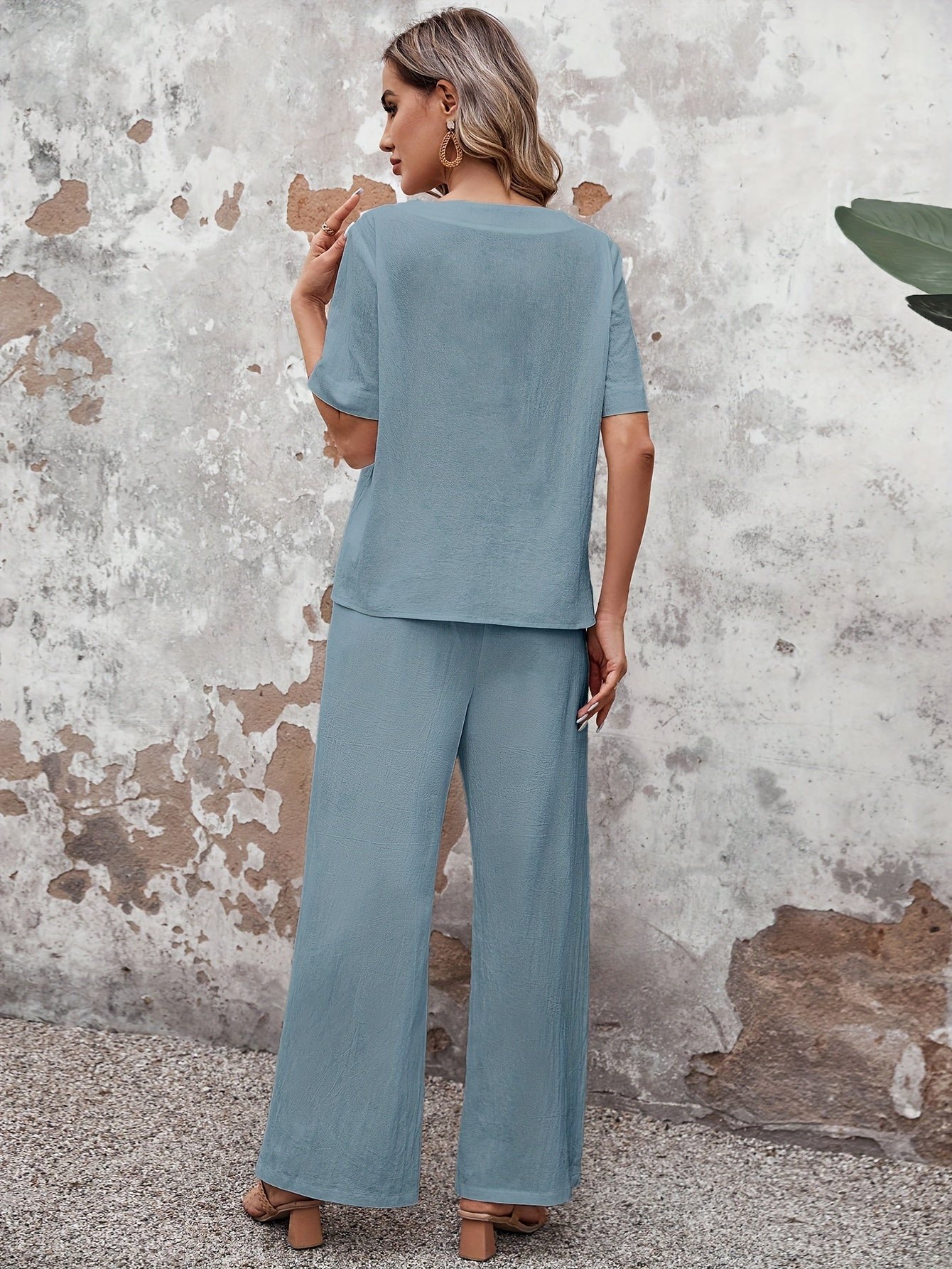 Button Decor Casual Pants Set, Short Sleeve Top & Split Hem Pants Outfits For Spring & Summer, Women's Clothing