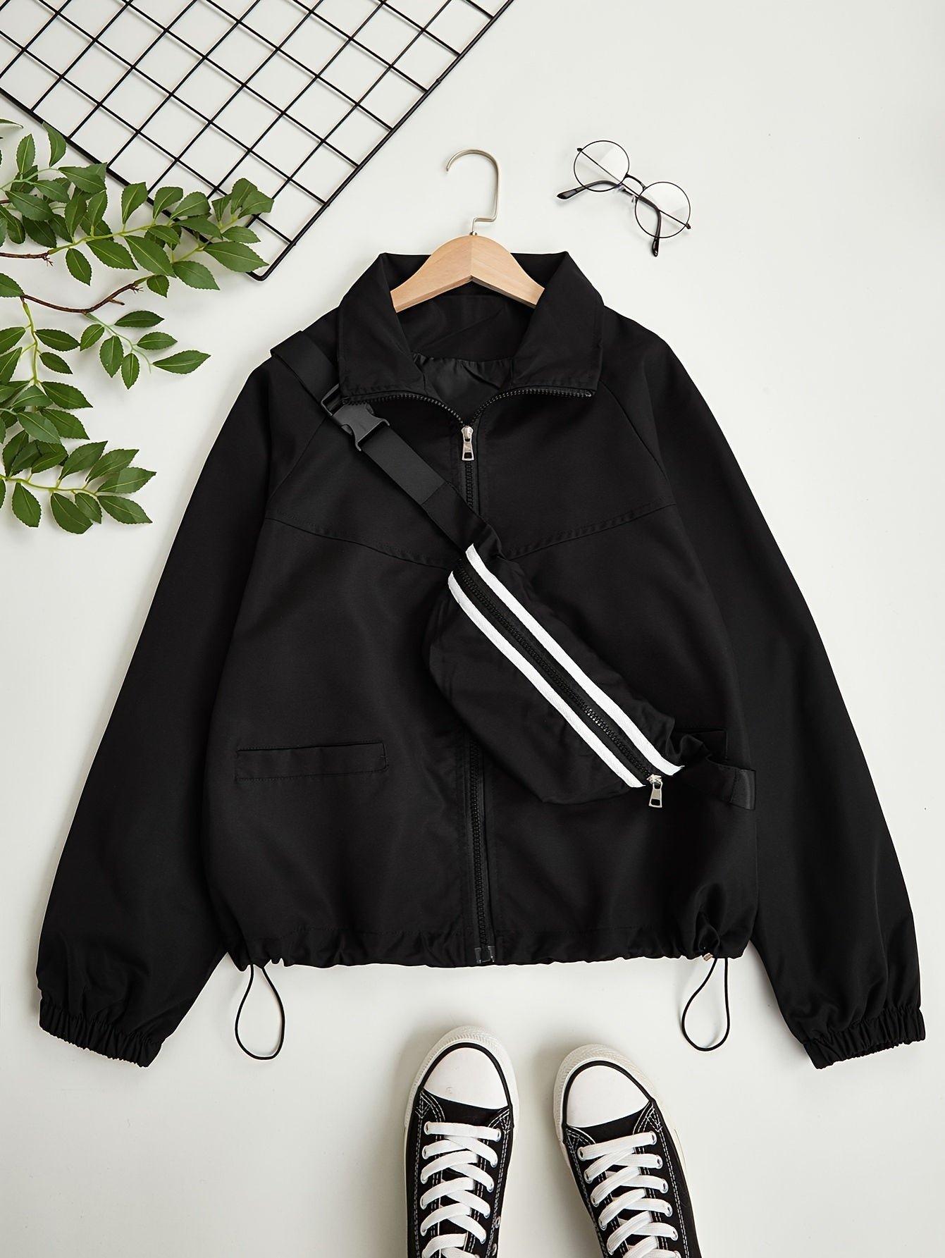 d17ab8afc8ddcf7291eae2a6489b5b1d-1 Solid Zip Up Jacket, Casual Long Sleeve Windproof Daily Outerwear With Bag, Women's Clothing