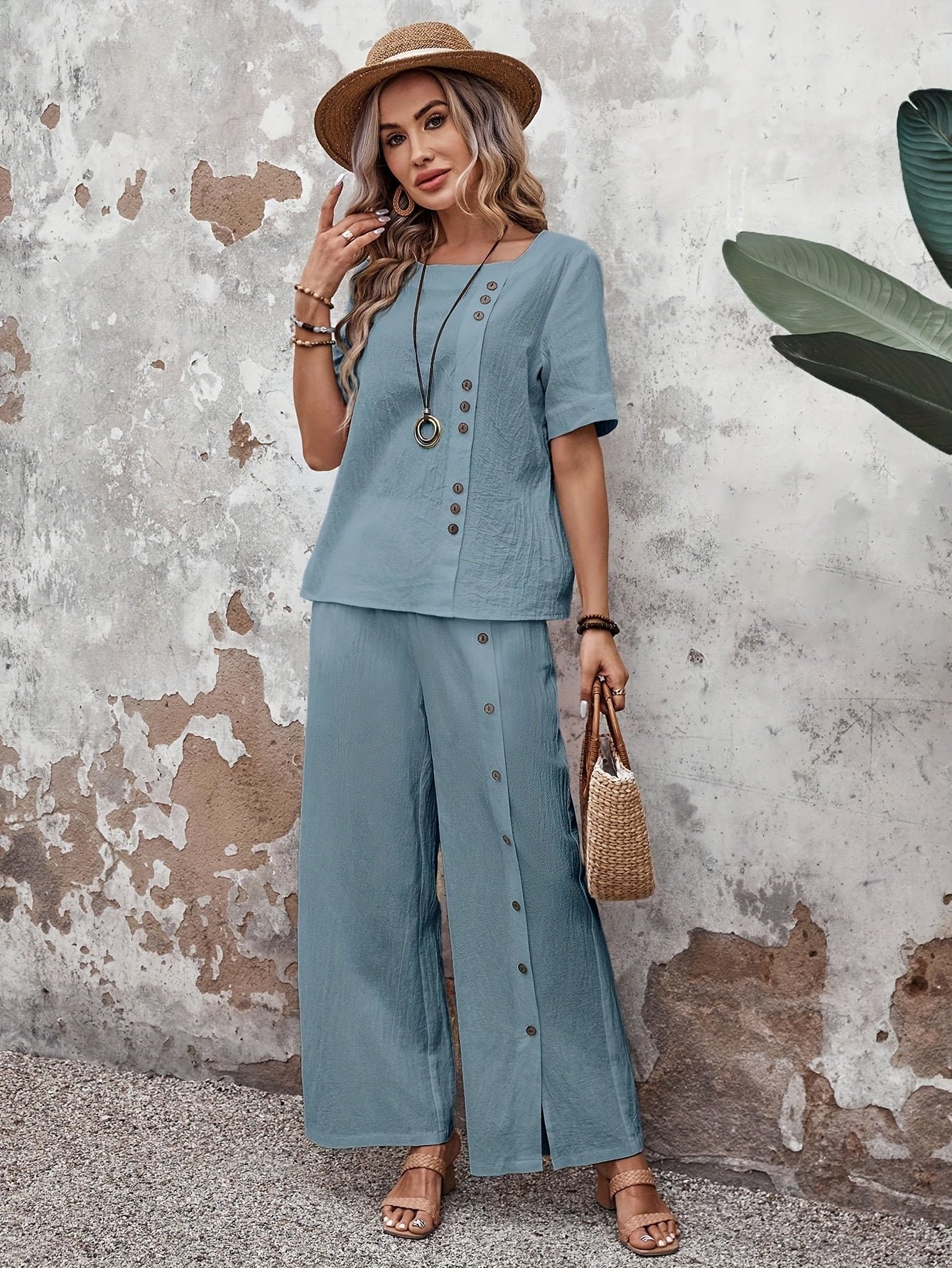 Button Decor Casual Pants Set, Short Sleeve Top & Split Hem Pants Outfits For Spring & Summer, Women's Clothing