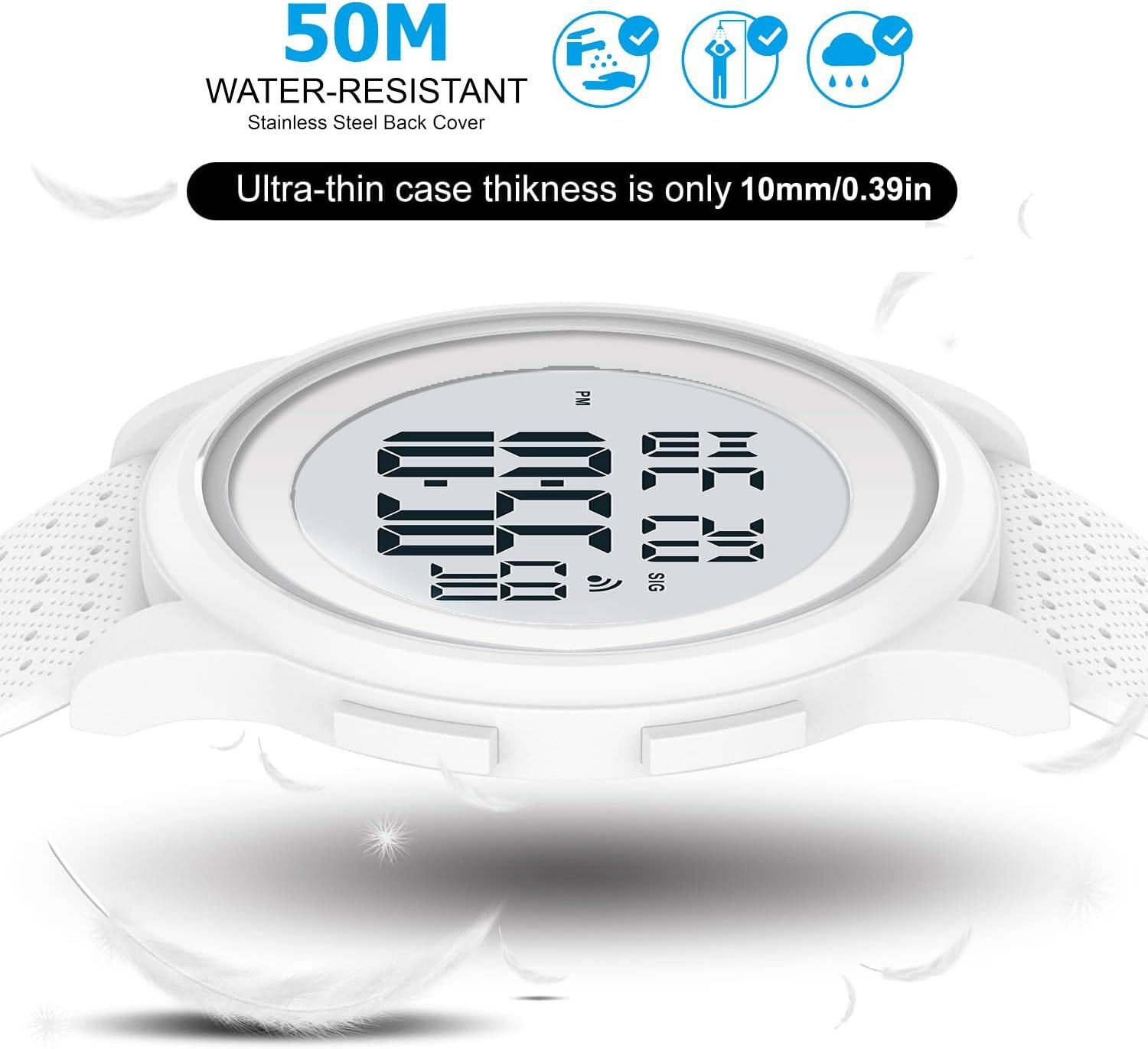 Digital Watches Mens Womens Large Digital Big Simple Ultra-Thin Minimalist Sports Waterproof with Rubber Strap Wrist Watch for Womens Mens White Watch