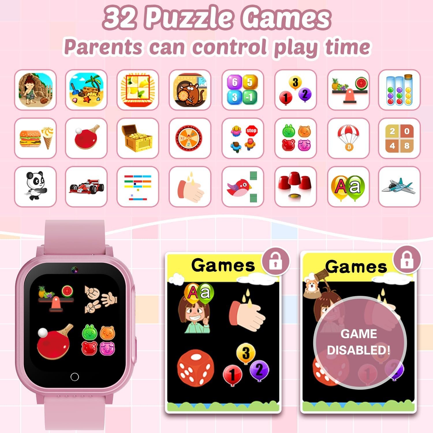 714hof4Cp3L._AC_SL1500 Waterproof Smart Watch for Kids Gift for Girls Age 5-12 with 32 Games, Dual Camera, Habit Tracking, Music Player, Video, Alarm Clock, HD Touchscreen Kids Smart Watch Birthday Toys for 3-12 Year Old