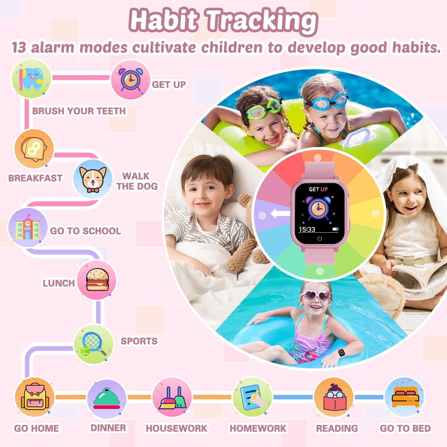 71623Z7NvwL._AC_SL1500 Waterproof Smart Watch for Kids Gift for Girls Age 5-12 with 32 Games, Dual Camera, Habit Tracking, Music Player, Video, Alarm Clock, HD Touchscreen Kids Smart Watch Birthday Toys for 3-12 Year Old
