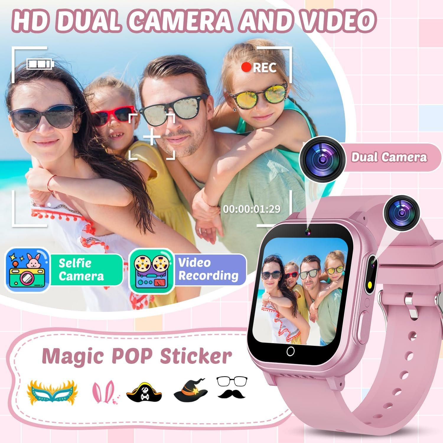 71AKS1Vt8pL._AC_SL1500 Waterproof Smart Watch for Kids Gift for Girls Age 5-12 with 32 Games, Dual Camera, Habit Tracking, Music Player, Video, Alarm Clock, HD Touchscreen Kids Smart Watch Birthday Toys for 3-12 Year Old