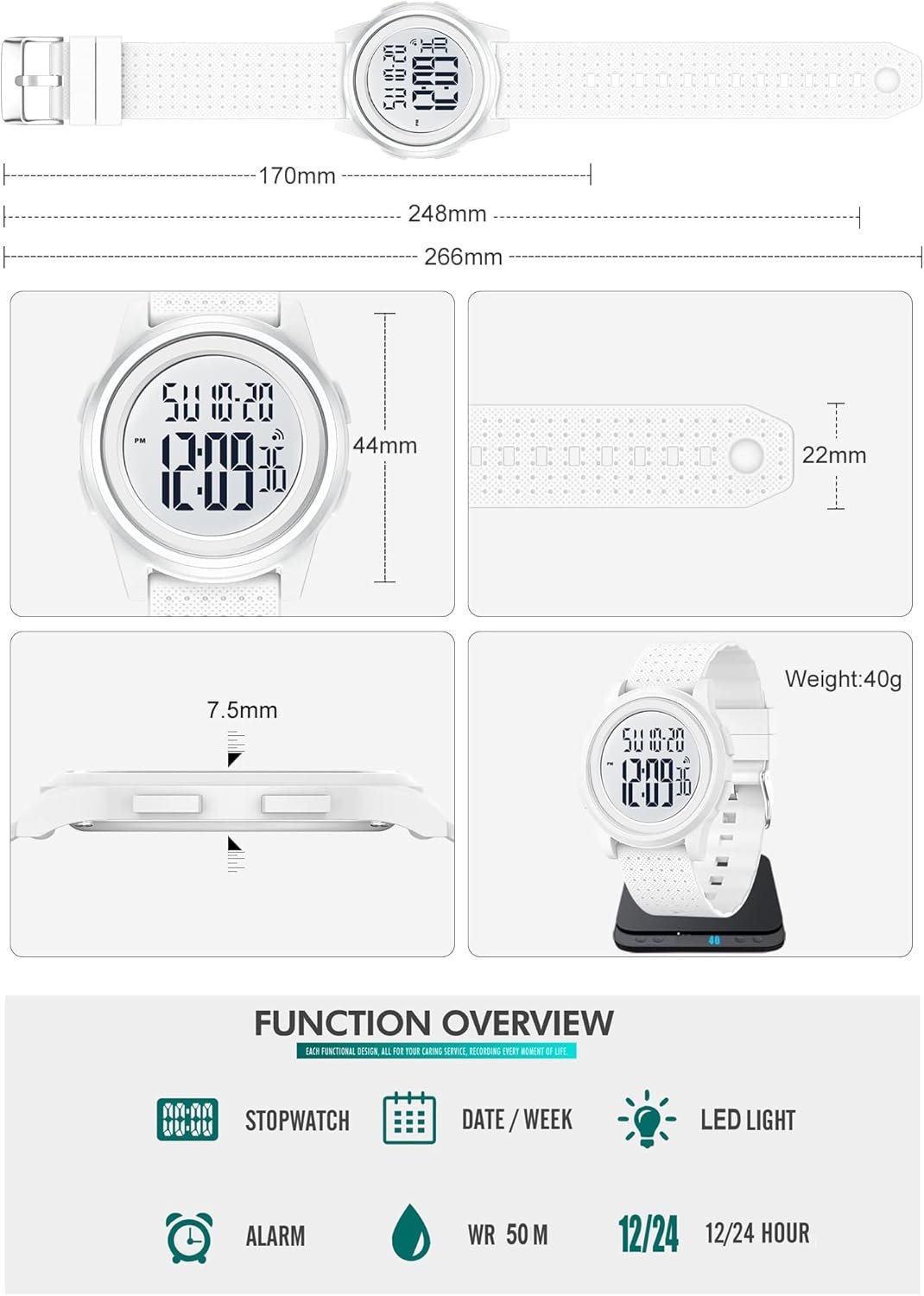 Digital Watches Mens Womens Large Digital Big Simple Ultra-Thin Minimalist Sports Waterproof with Rubber Strap Wrist Watch for Womens Mens White Watch