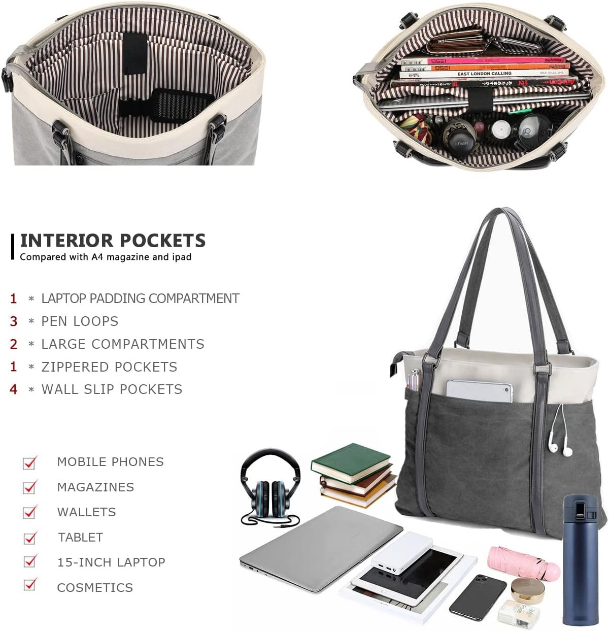 Women's Work Bag with Laptop Compartment Zipper Pockets Teacher Totes Purse