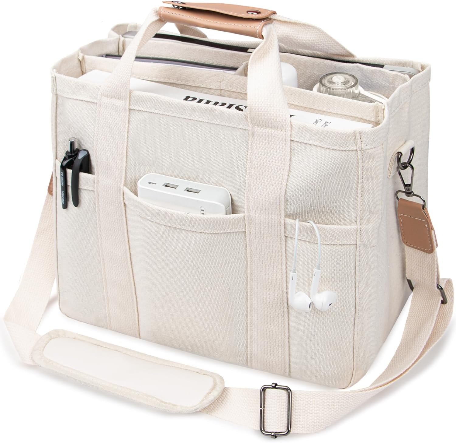 Canvas Tote Bag with Multi-Pocket for Women Large Crossbody Shoulder Handbag Everything Tote Bag with Compartments