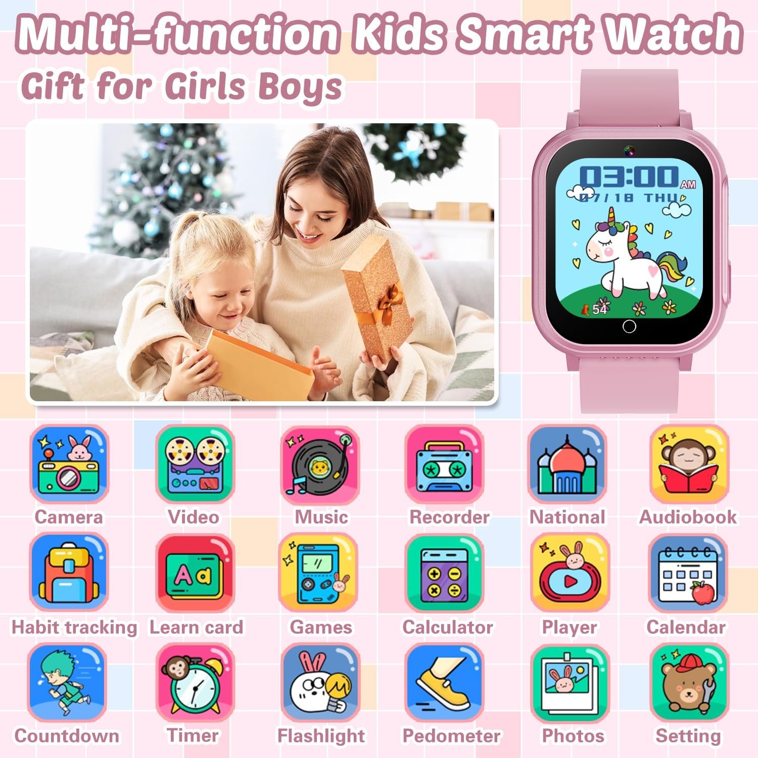 81QdvX0vnrL._AC_SL1500 Waterproof Smart Watch for Kids Gift for Girls Age 5-12 with 32 Games, Dual Camera, Habit Tracking, Music Player, Video, Alarm Clock, HD Touchscreen Kids Smart Watch Birthday Toys for 3-12 Year Old